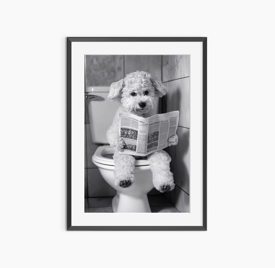 Funny Dog Reading Newspaper On Toilet Bathroom Black White Print