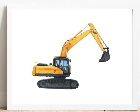 Excavator Watercolor Yellow Tracked Digger Boys Nursery Truck Poster