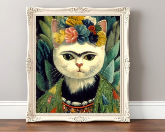 Frida Catlo Art Print Funny Mexican Folk Cat Portrait