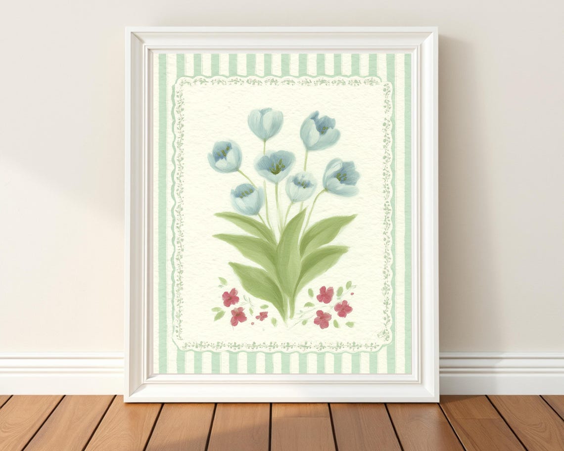 Grandmillennial Floral Art Print Blue Tulip Wall Vintageinspired Botanical Green Stripe Preppy Decor