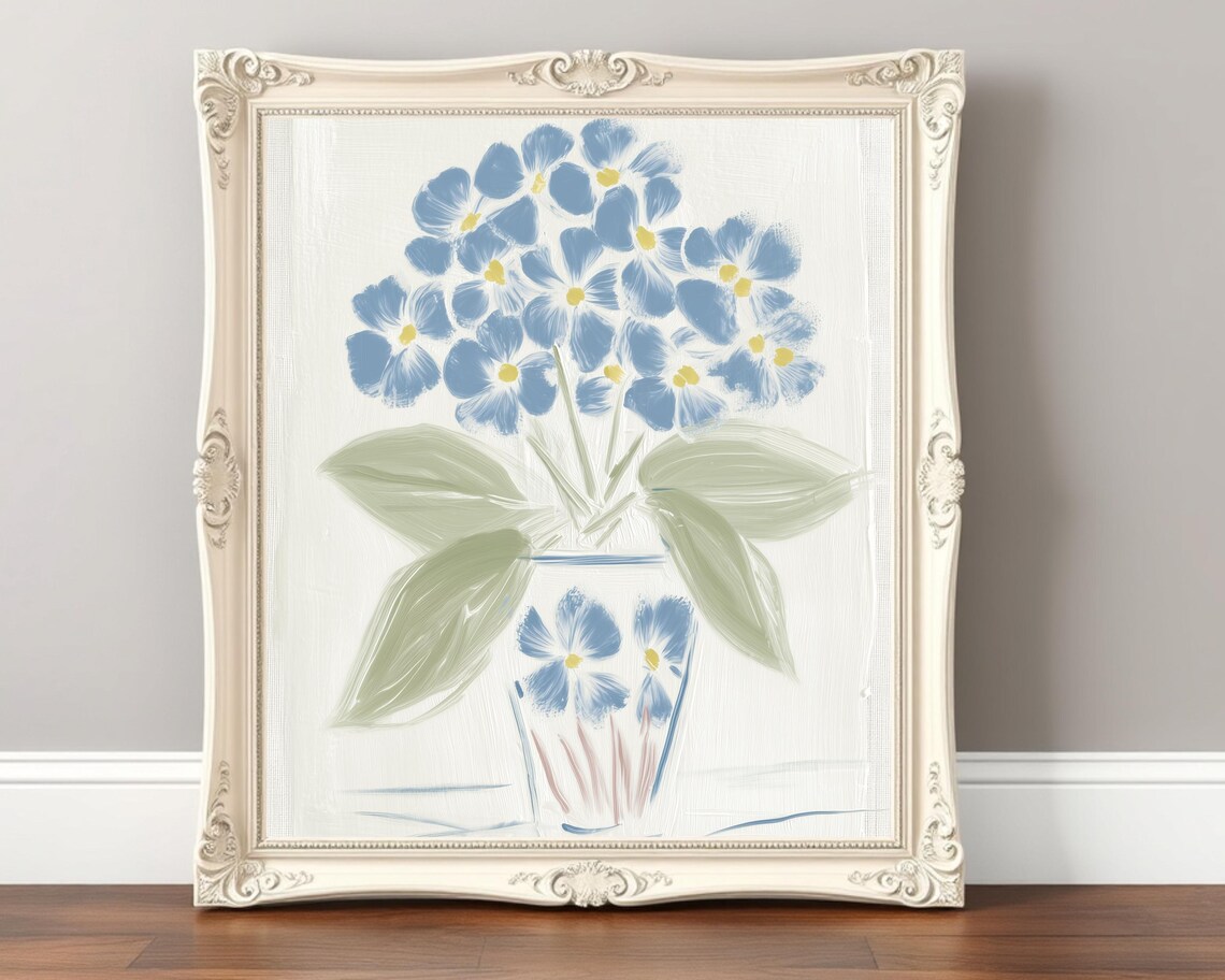 Blue Wildflowers in Glass Vase Minimalist Coastal Botanical Art Poster