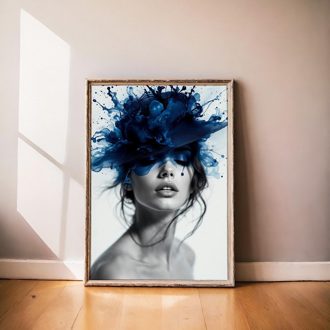 Woman With Blue Ink Splash Hat Abstract Artistic Portrait Poster - Image 2