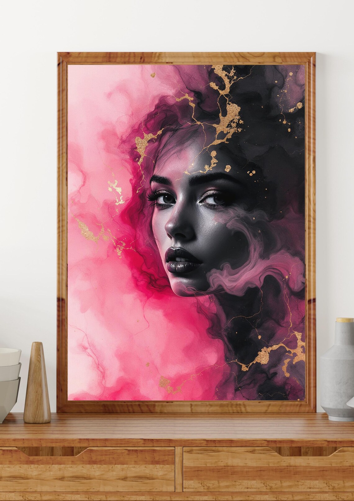 Pink And Gold Ink Abstract Woman Portrait Gaze Artistic Poster