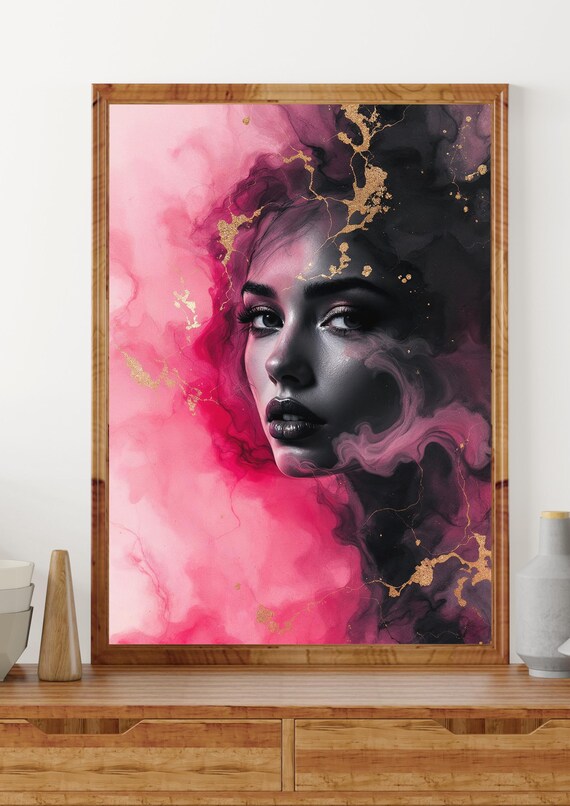 Pink And Gold Ink Abstract Woman Portrait Gaze Artistic Poster