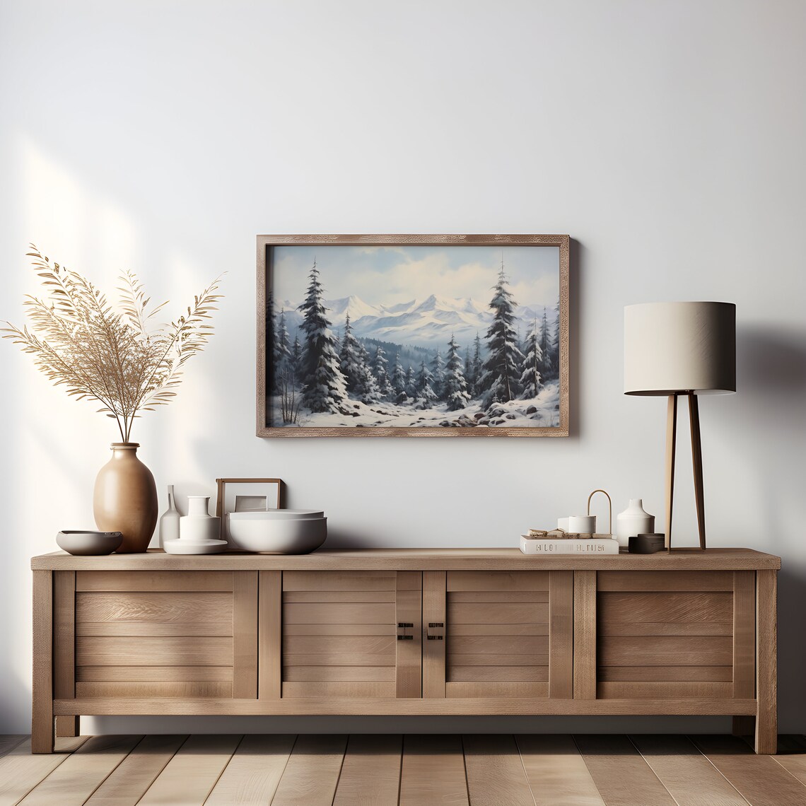 Vintage Landscape Snowy Evergreen Forest Vintage Oil Painting Snowy Mountain Landscape Winter Wonderland Christmas Art - Image 2