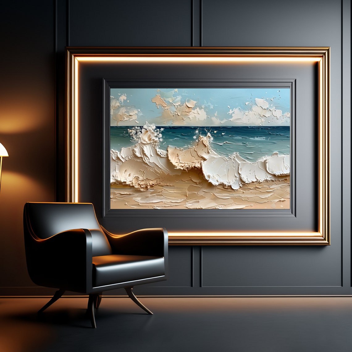 Foamy Beach Waves Crashing Textured Impasto Coastal Painting Poster - Image 3
