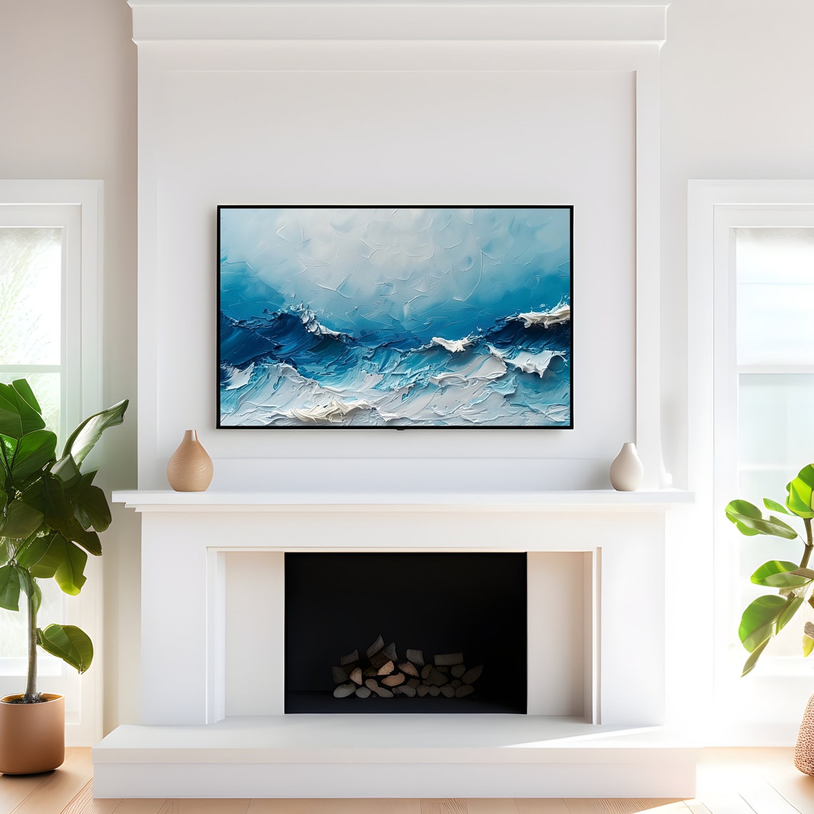 Abstract Blue Ocean Wave Textured Impasto Modern Style Art Poster - Image 4