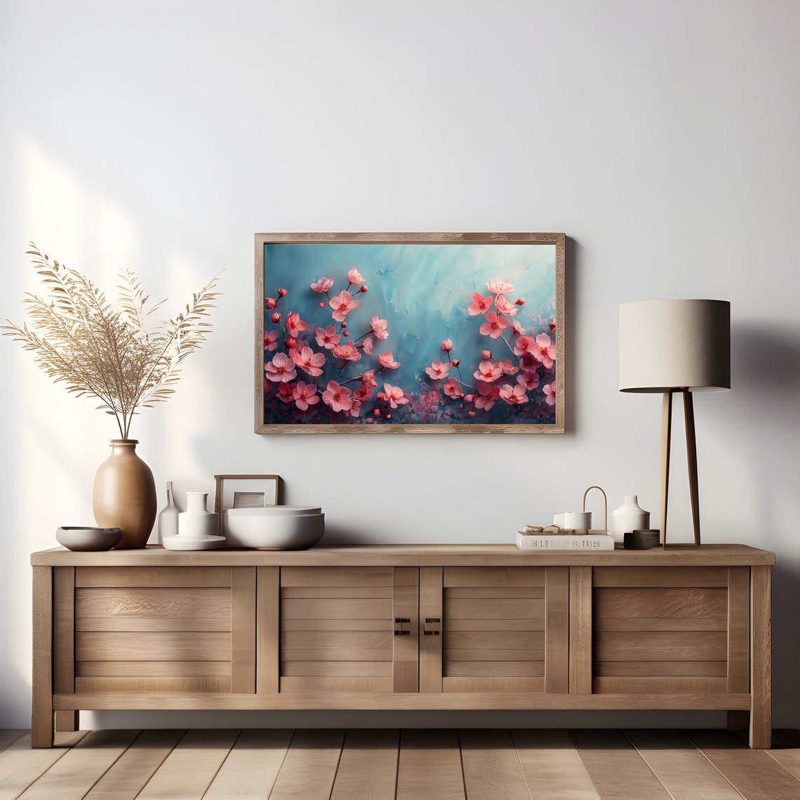 Pink Cherry Blossoms On Teal Textured Floral Painting Poster - Image 4
