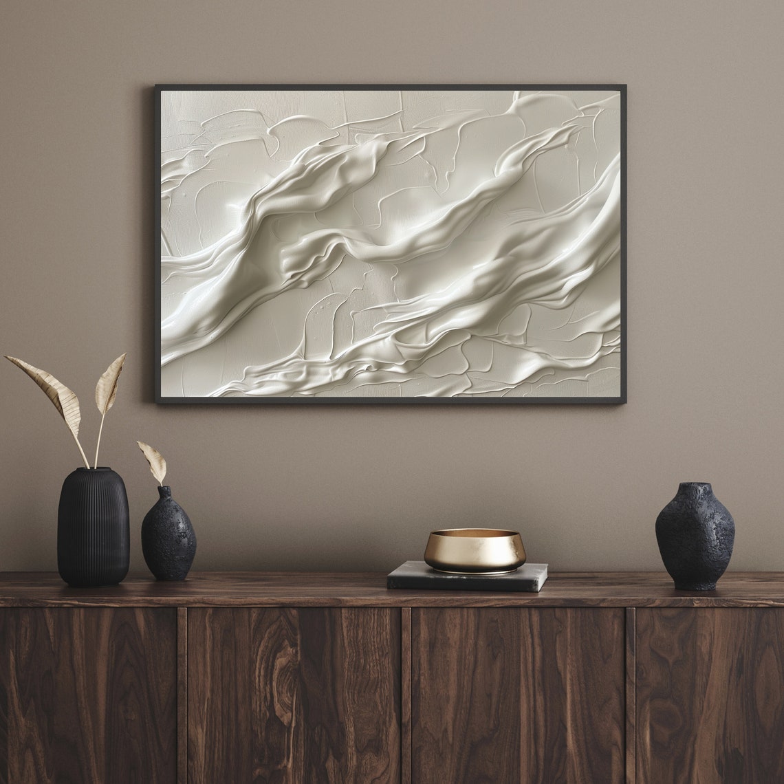 White Silk Waves Flowing Abstract Neutral Textured Painting Poster - Image 2