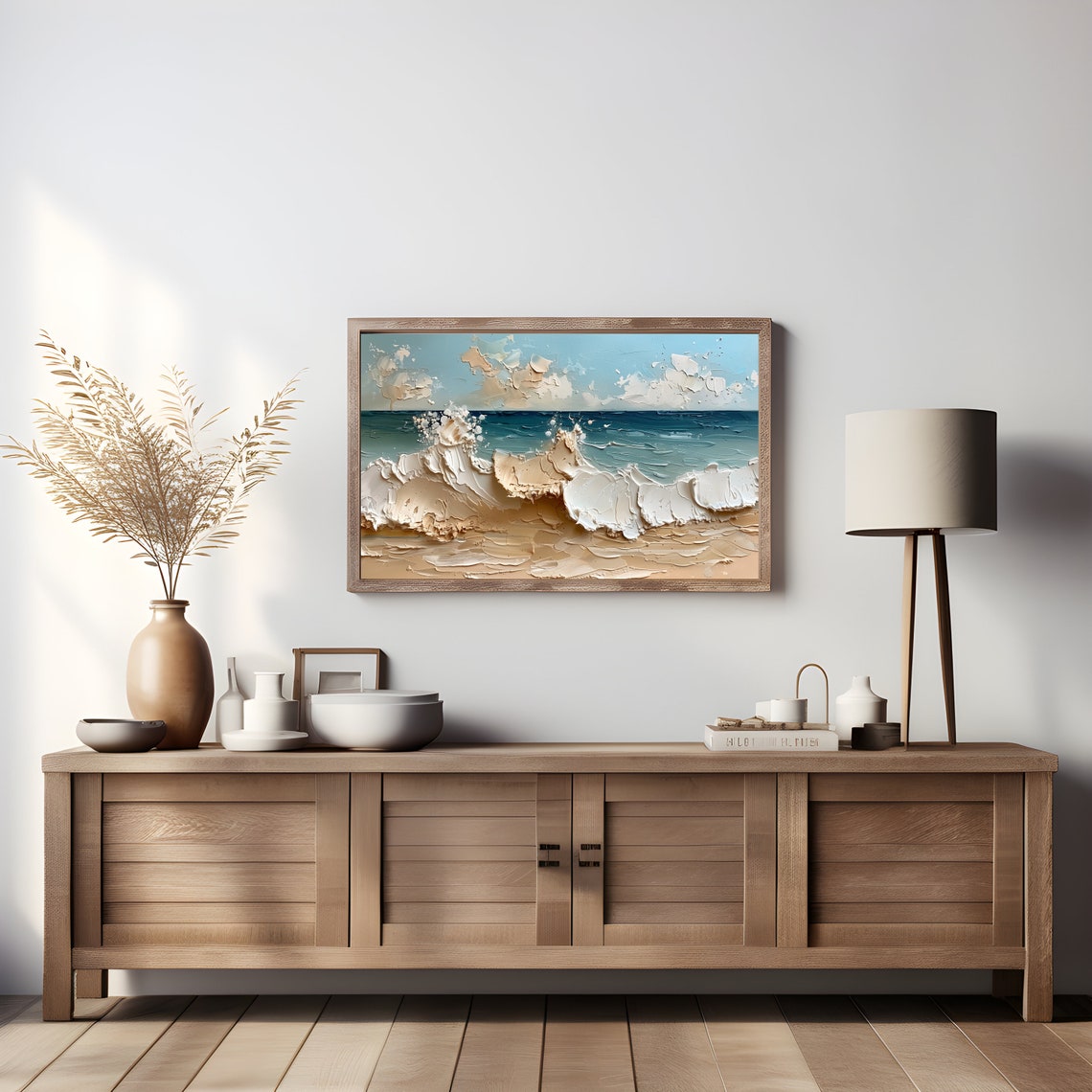 Foamy Beach Waves Crashing Textured Impasto Coastal Painting Poster - Image 4