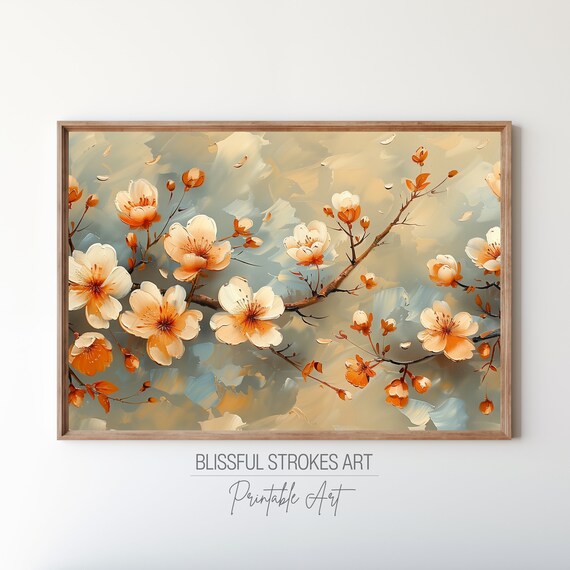 White And Apricot Blossom Branch Neutral Floral Painting Poster