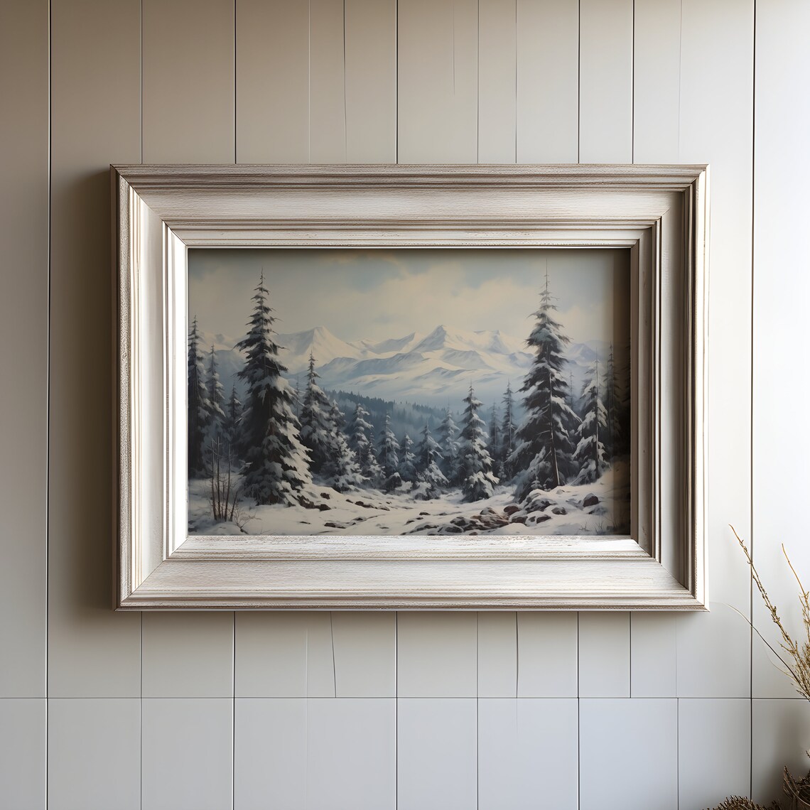 Vintage Landscape Snowy Evergreen Forest Vintage Oil Painting Snowy Mountain Landscape Winter Wonderland Christmas Art