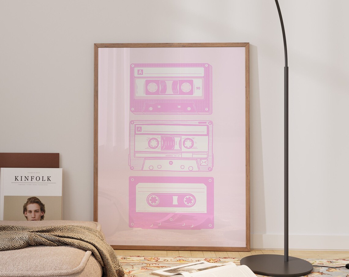 Pink Retro Cassette Tapes Trio Nostalgic 90s Music Room Poster