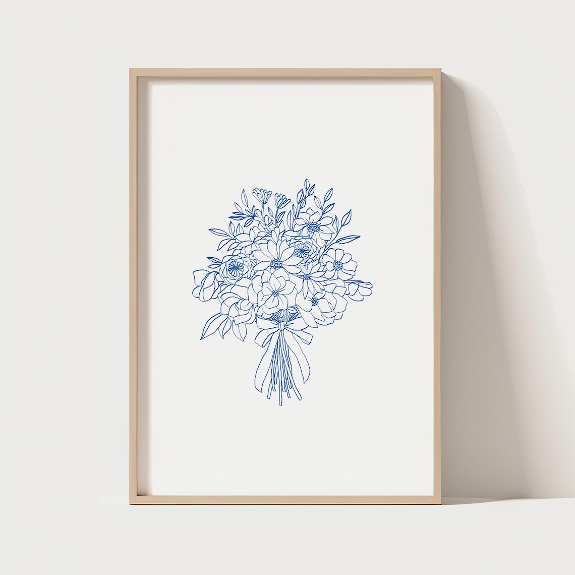 Blue Ink Line Art Floral Bouquet Minimalist Botanical Drawing Print