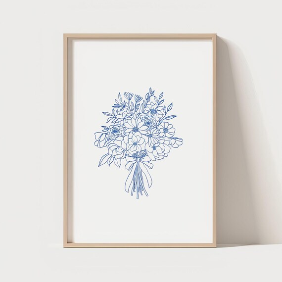 Blue Ink Line Art Floral Bouquet Minimalist Botanical Drawing Print