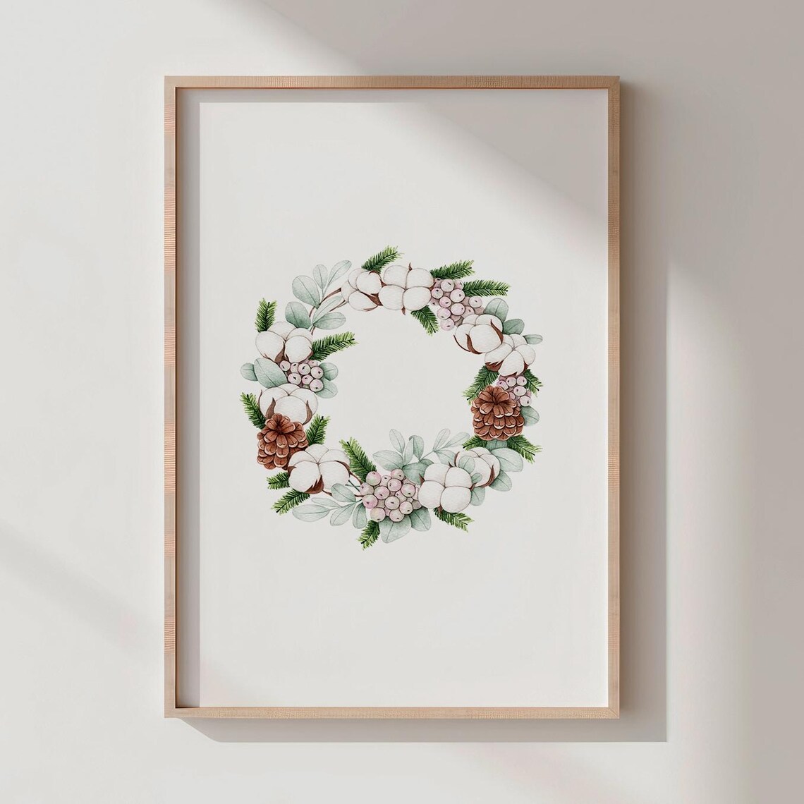 Christmas Wreath Watercolor with Cotton and Pine Cones Holiday Print