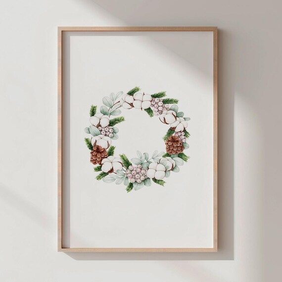 Christmas Wreath Watercolor with Cotton and Pine Cones Holiday Print