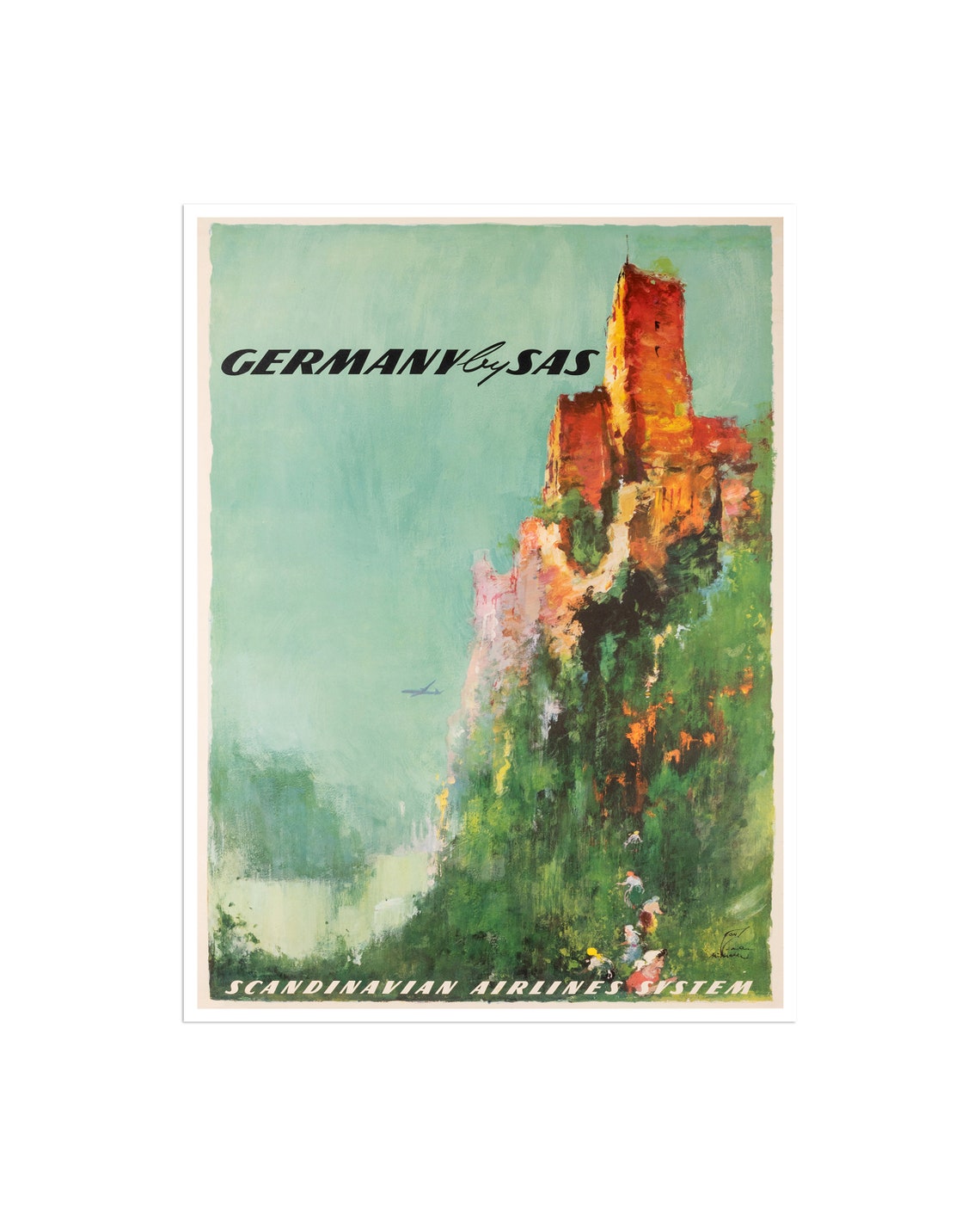 Germany by SAS Vintage Airline Poster with Castle and Hikers