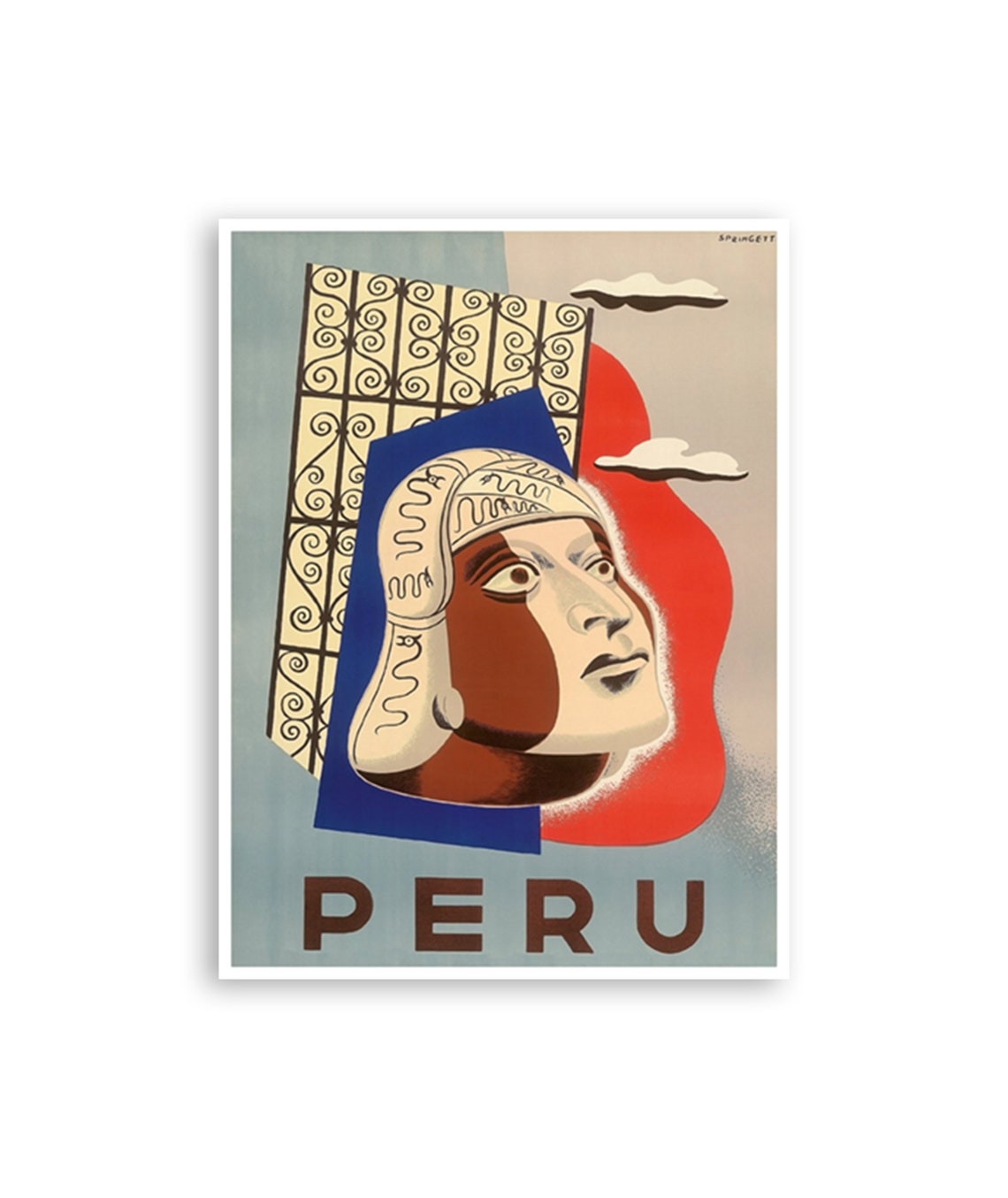 Peru Inca Profile Cubist Modernist Sun Mask Vintage Travel Poster