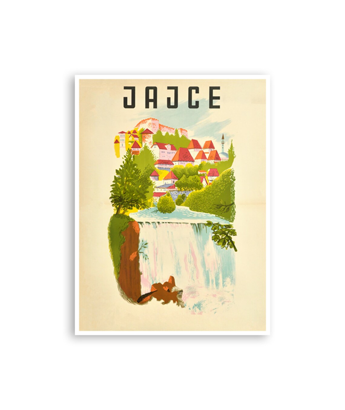 Jajce Bosnia Vintage Waterfall Old Town Fortress Travel Poster