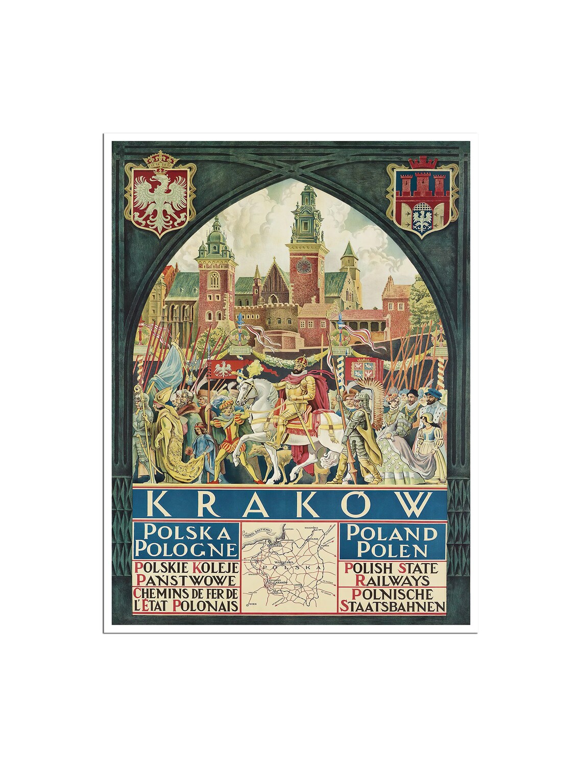 Krakow Poland Vintage Royal Procession Castle Railway Travel Poster
