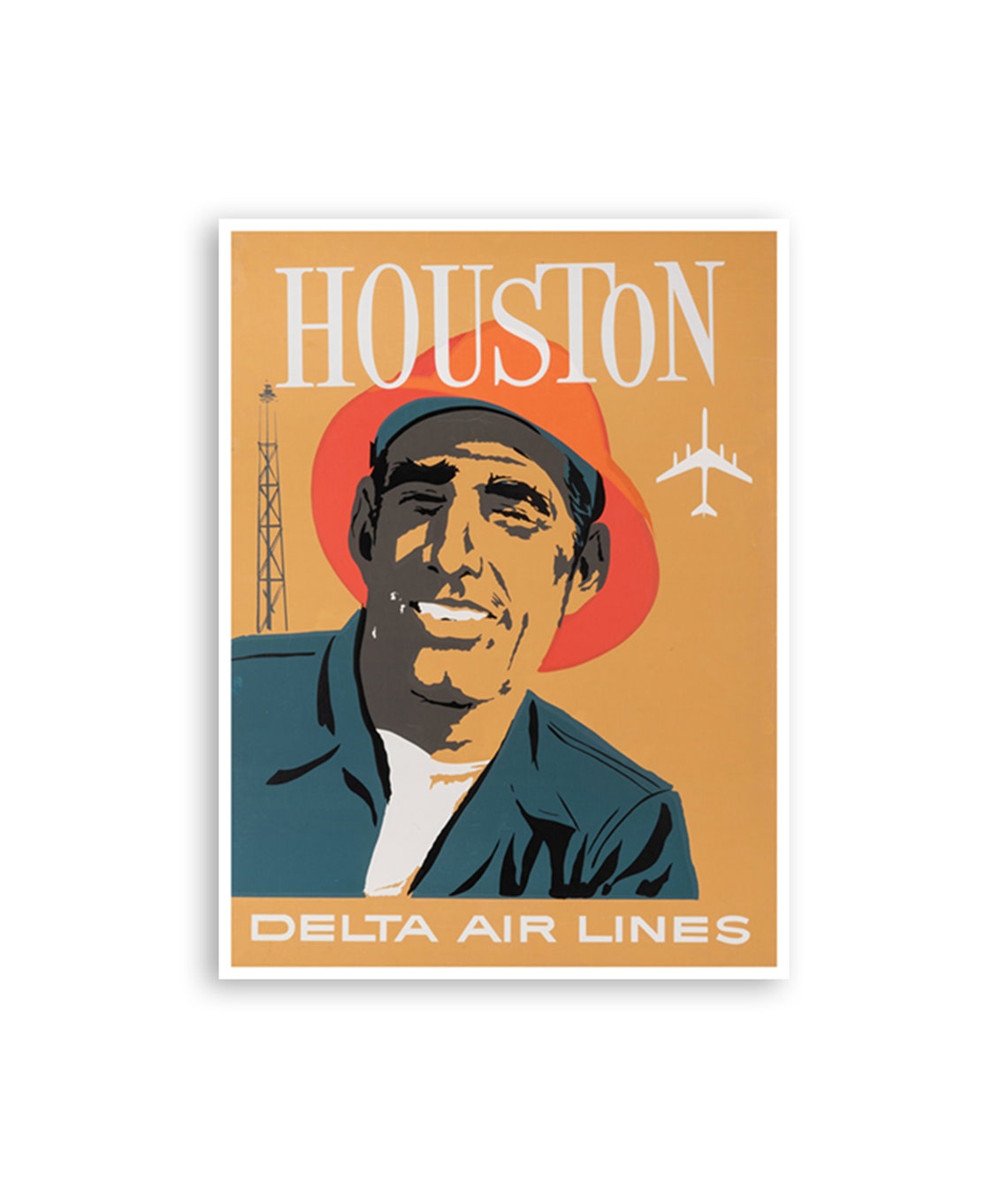 Houston Oil Worker Delta Air Lines Vintage Art Travel Poster
