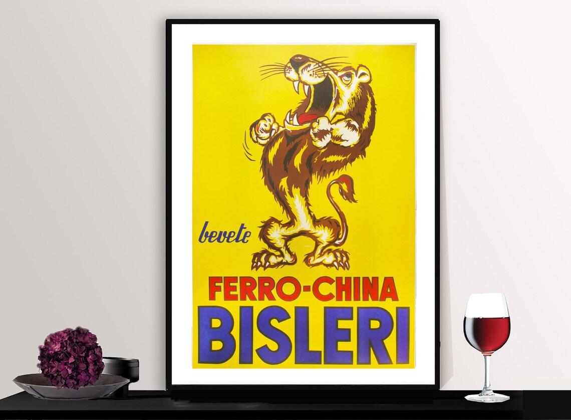 Ferro-China Bisleri Roaring Lion Vintage Italian Liqueur Ad Poster