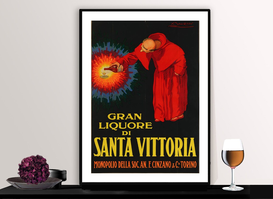 Santa Vittoria Liquor Red Robed Monk Cinzano Vintage Italian Poster