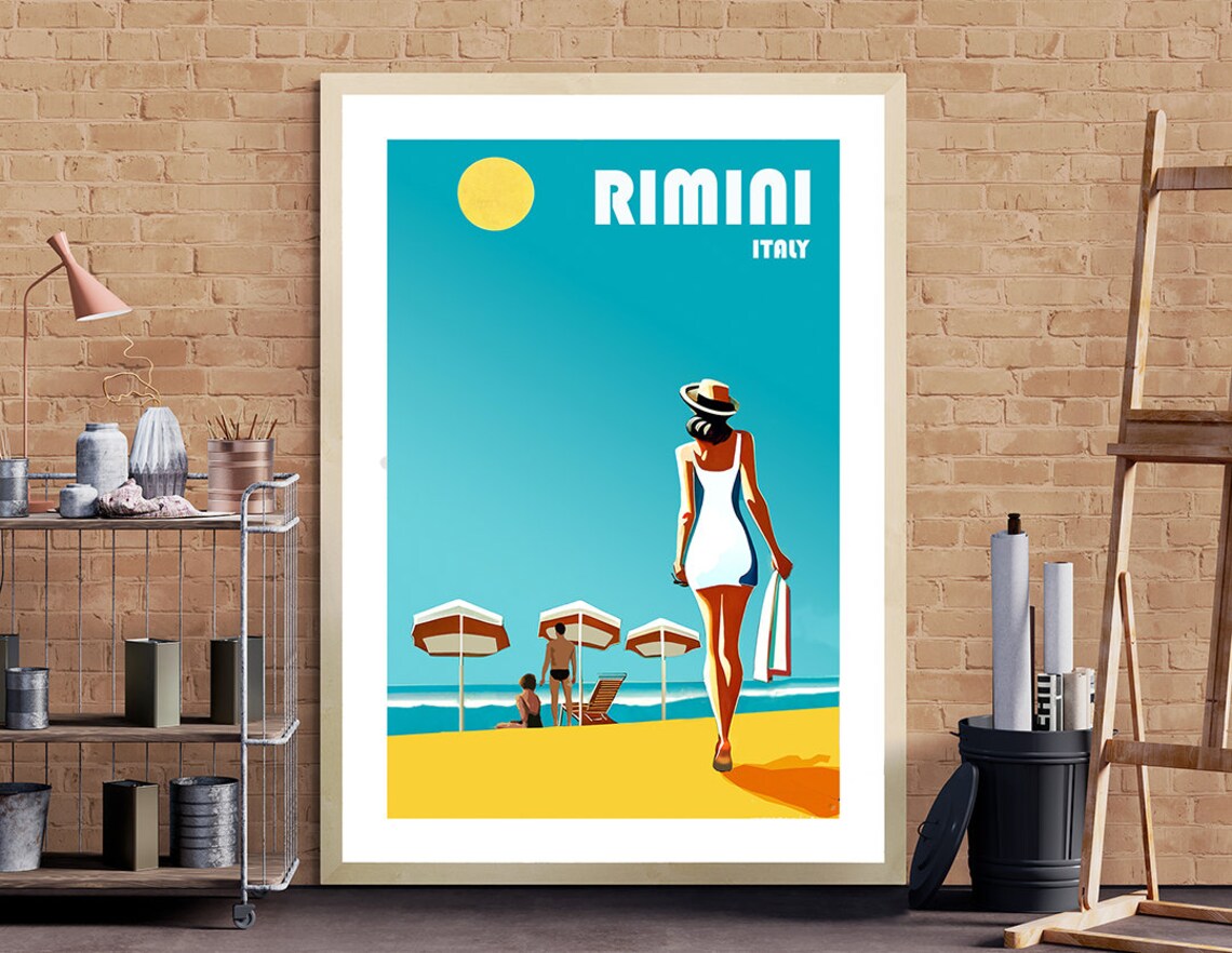 Rimini Italy Sunny Beach Umbrellas Vintage Italian Coast Travel Poster - Image 3