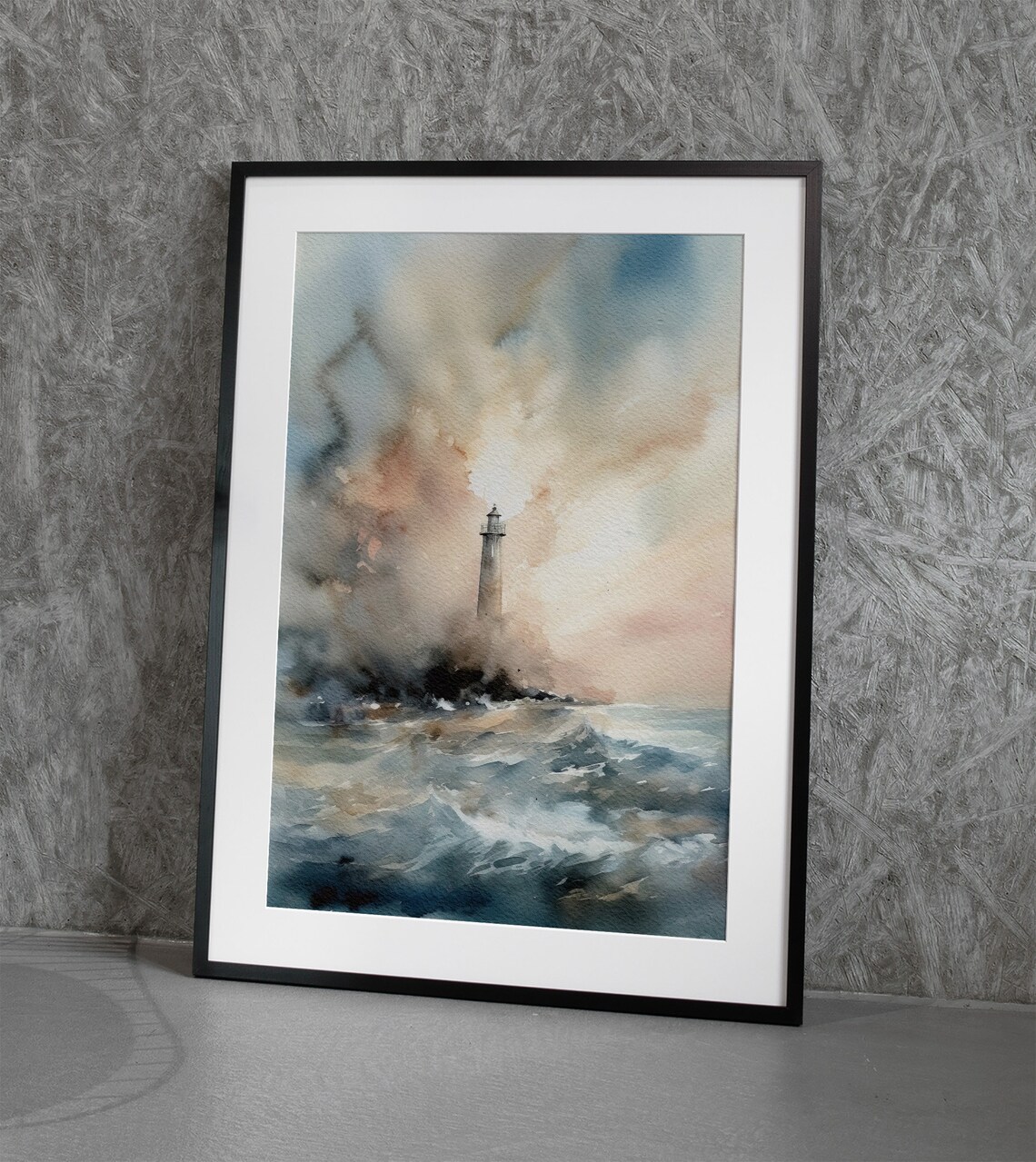 Lighthouse Stormy Ocean Waves Misty Seascape Watercolor Painting Wall Poster - Image 3