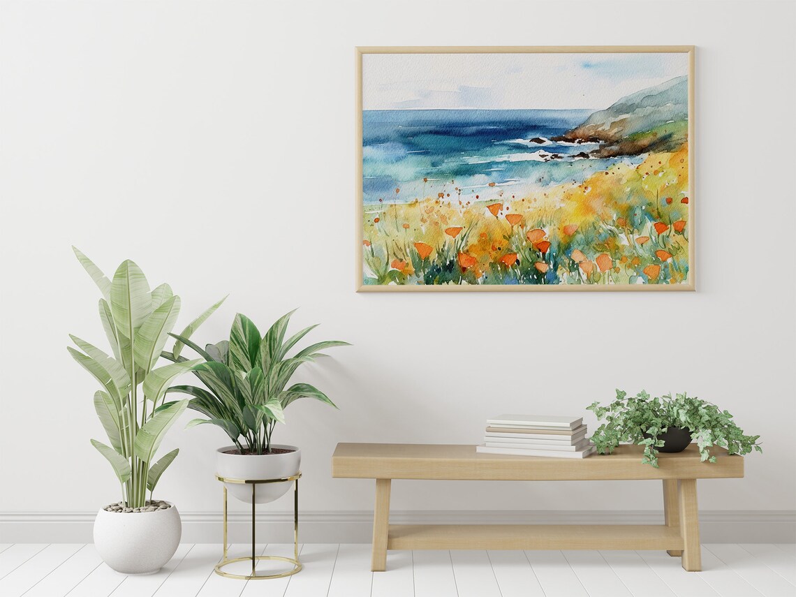 Big Sur California Poppy Landscape, Watercolor Art Print - Image 5