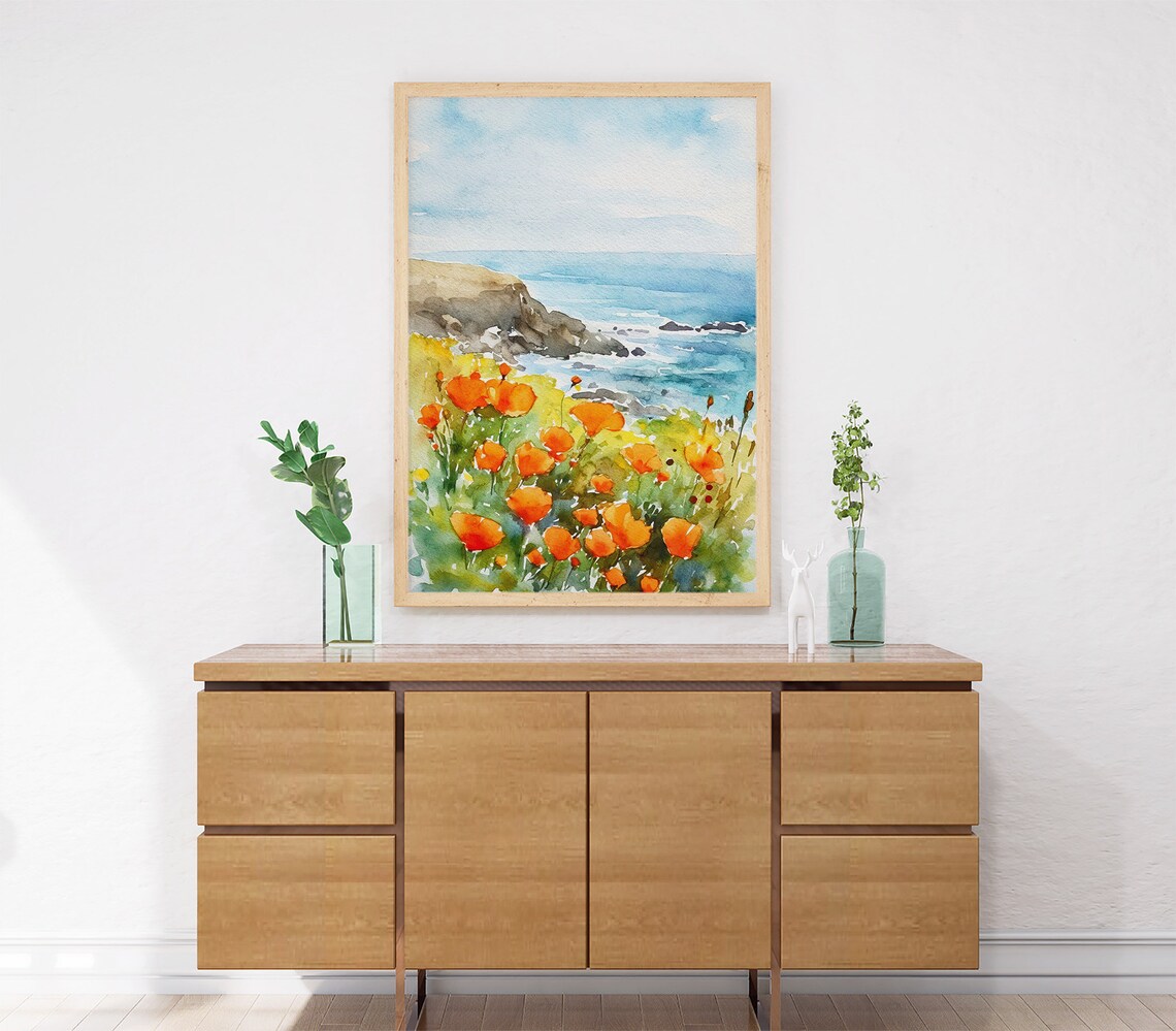 Big Sur California Poppy Watercolor Landscape Poster - Image 4