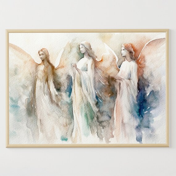 Three Angels Soft Watercolor Spiritual Guardian Angel Art Print