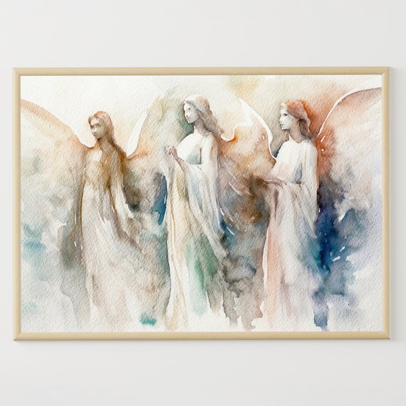 Three Angels Watercolor Painting Religious Wall Art Abstract Angels Art Print Angels Poster