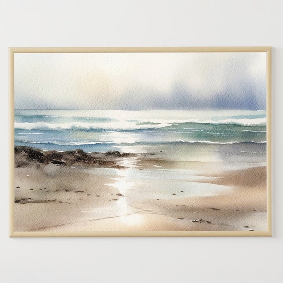 Ocean Beach Seascape Watercolor Art Print, Nautical