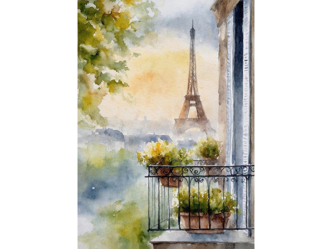 Paris France Eiffel Tower Balcony Sunset Watercolor Travel Poster