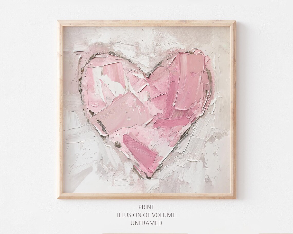 Pink Heart Oil Painting, Tender Neutral Art Print
