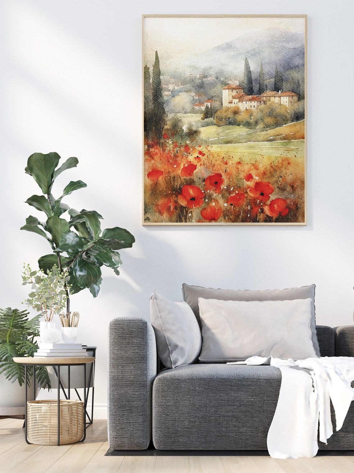 Tuscan Watercolor Poppy Landscape Art Print, Italy - Image 4