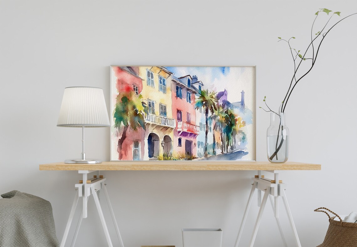 Rainbow Row Charleston Cityscape, Watercolor Art Print - Image 4