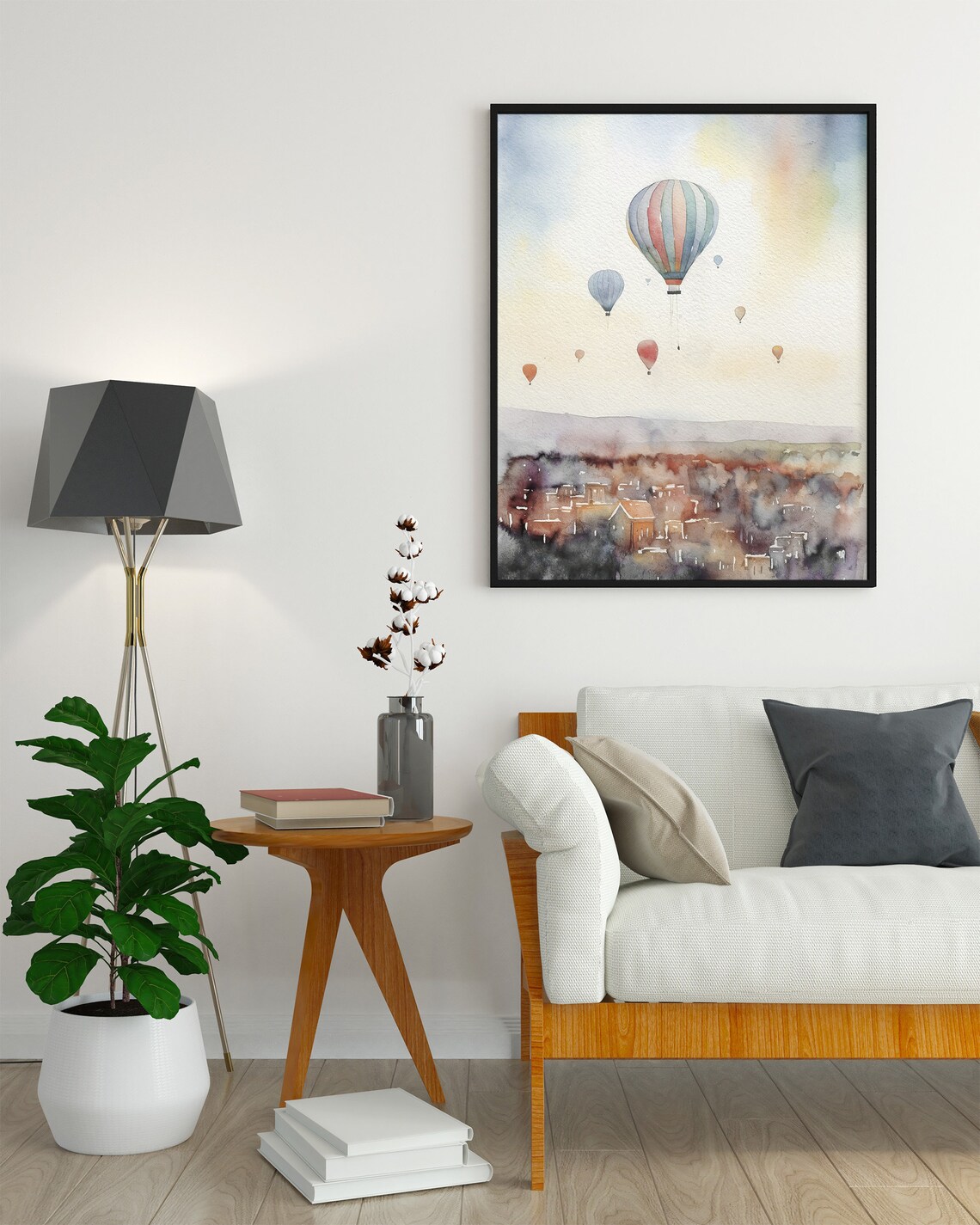 Hot Air Balloon Over Town, Watercolor Travel Poster - Image 3