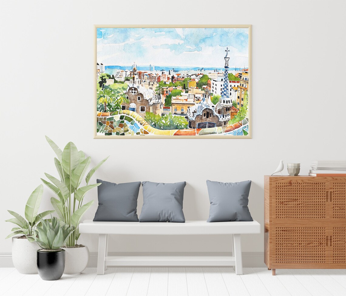 Barcelona Park Guell Mosaic Terrace Gaudi City View Watercolor Poster - Image 5