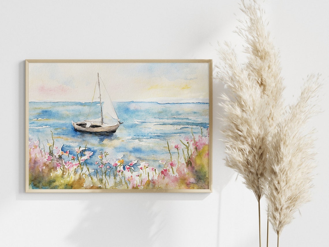 Cape Cod Sailboat Pink Beach Roses Ocean Breeze Watercolor Art Poster - Image 3