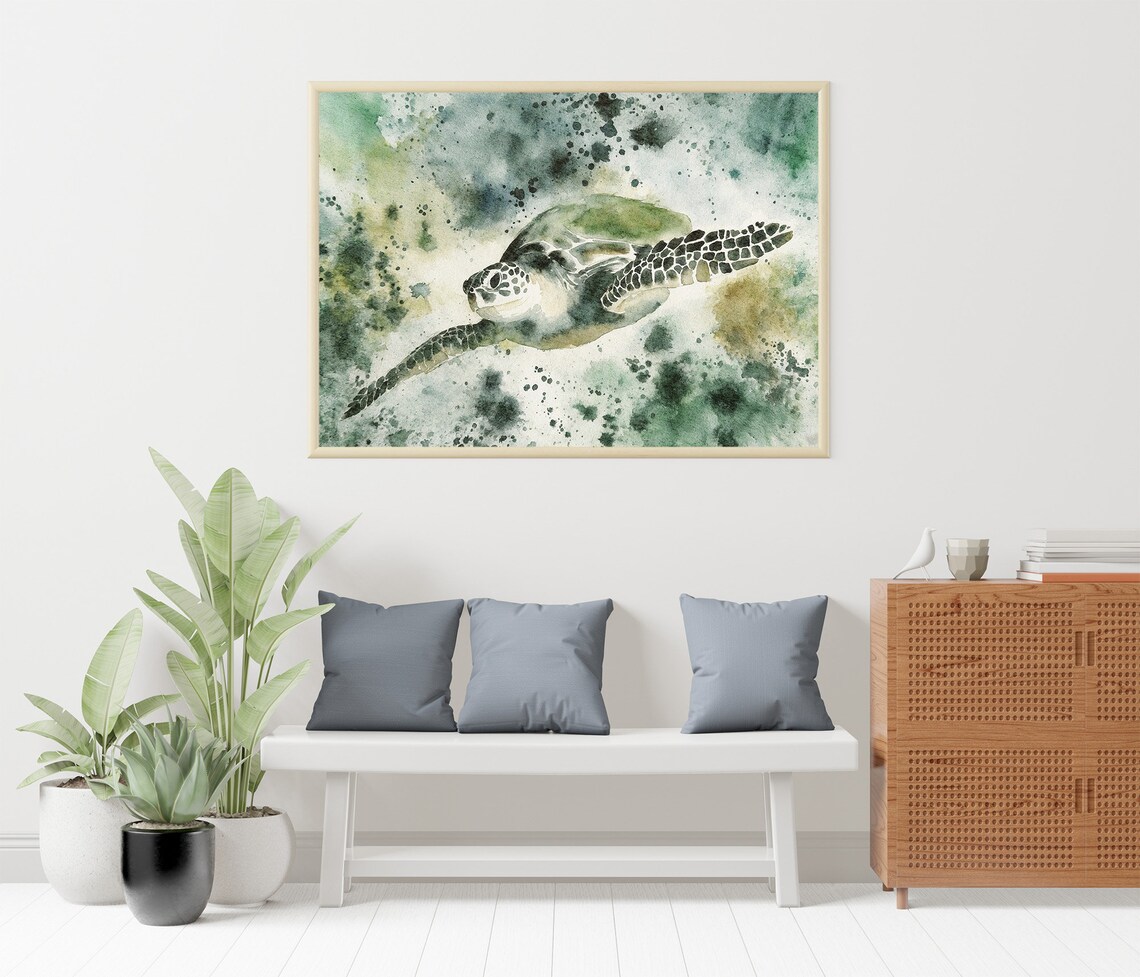 Sea Turtle Watercolor Art Print Sea Animal Painting Sea Life Wall Art Sea Nature Artwork Beach House Wall Decor - Image 2
