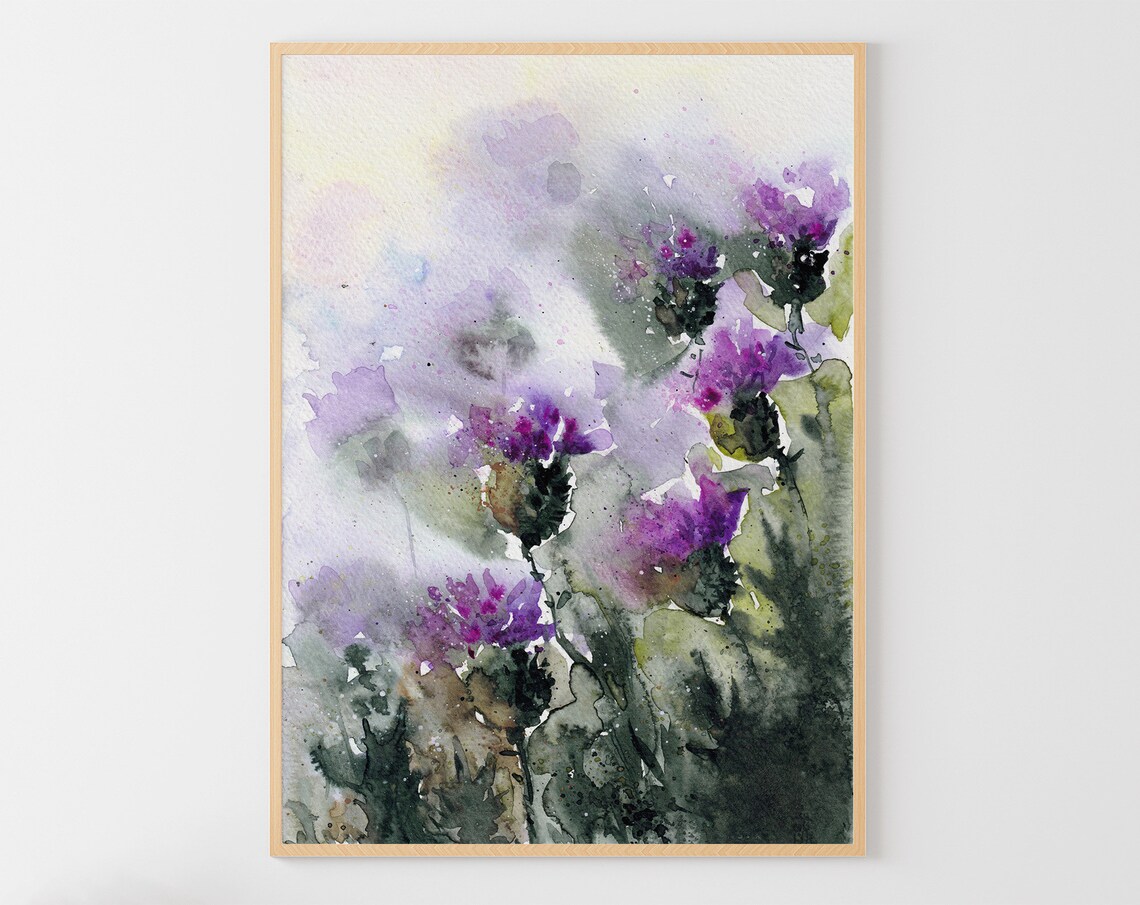 Scottish Meadow Thistle Wildflowers Watercolor Art Print