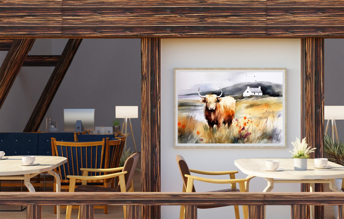 Highlands Cow Watercolor Art Print, Scotland Landscape - Image 3