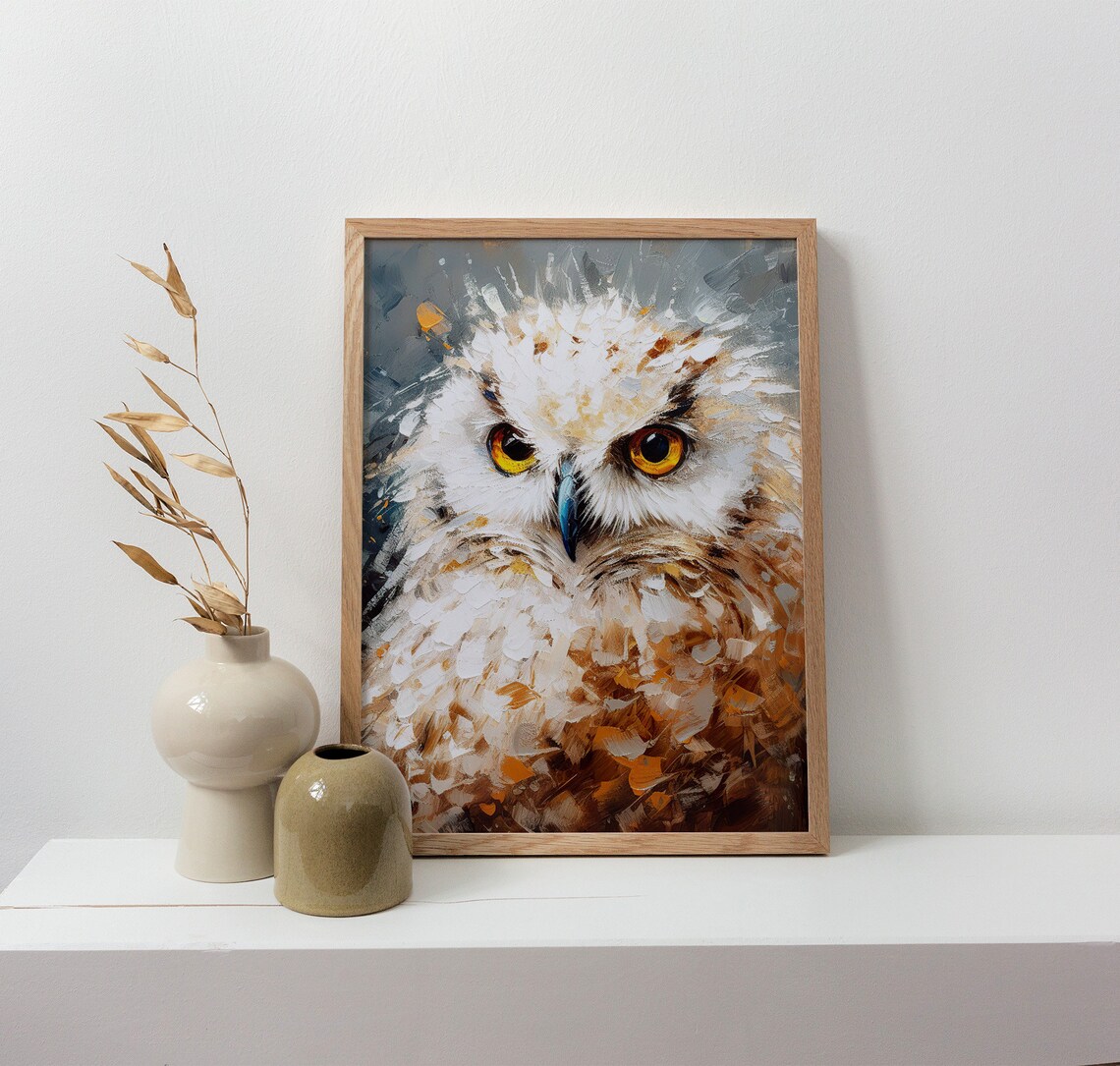 White Owl Golden Eyes Impasto Oil Painting Wild Bird Animal Art Poster - Image 3