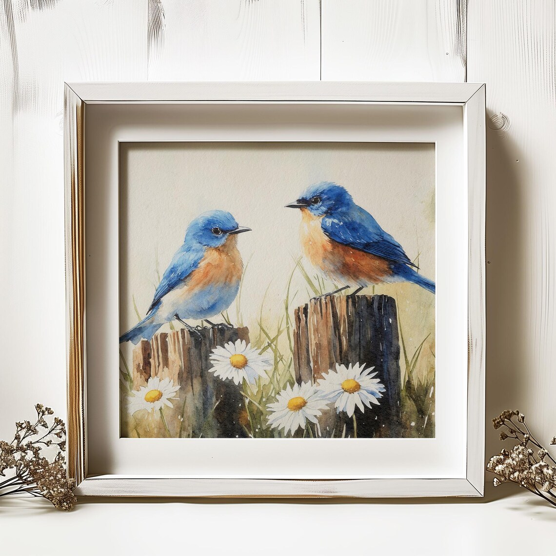 Bluebirds Watercolor Art Print, Daisy Farmhouse Wall Art - Image 2