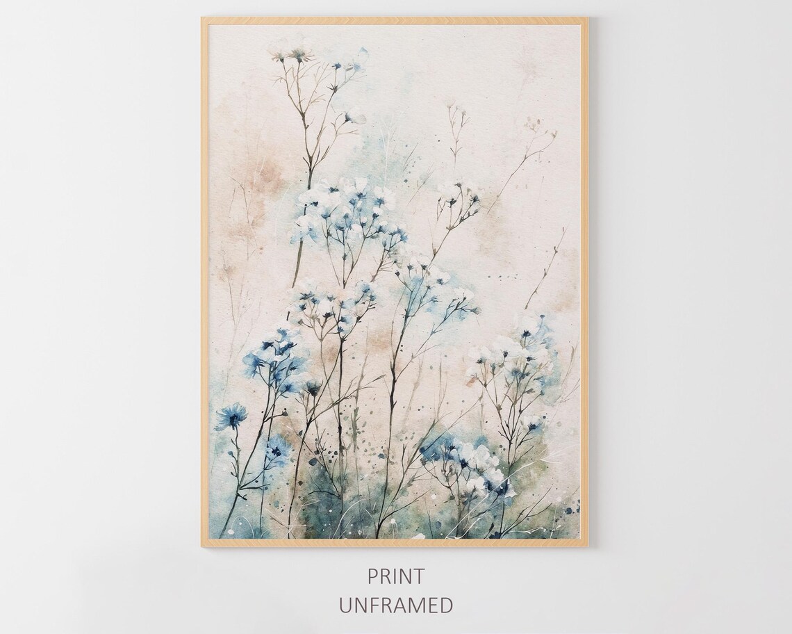 Wildflowers Watercolor Art Print, Neutral Blue Floral