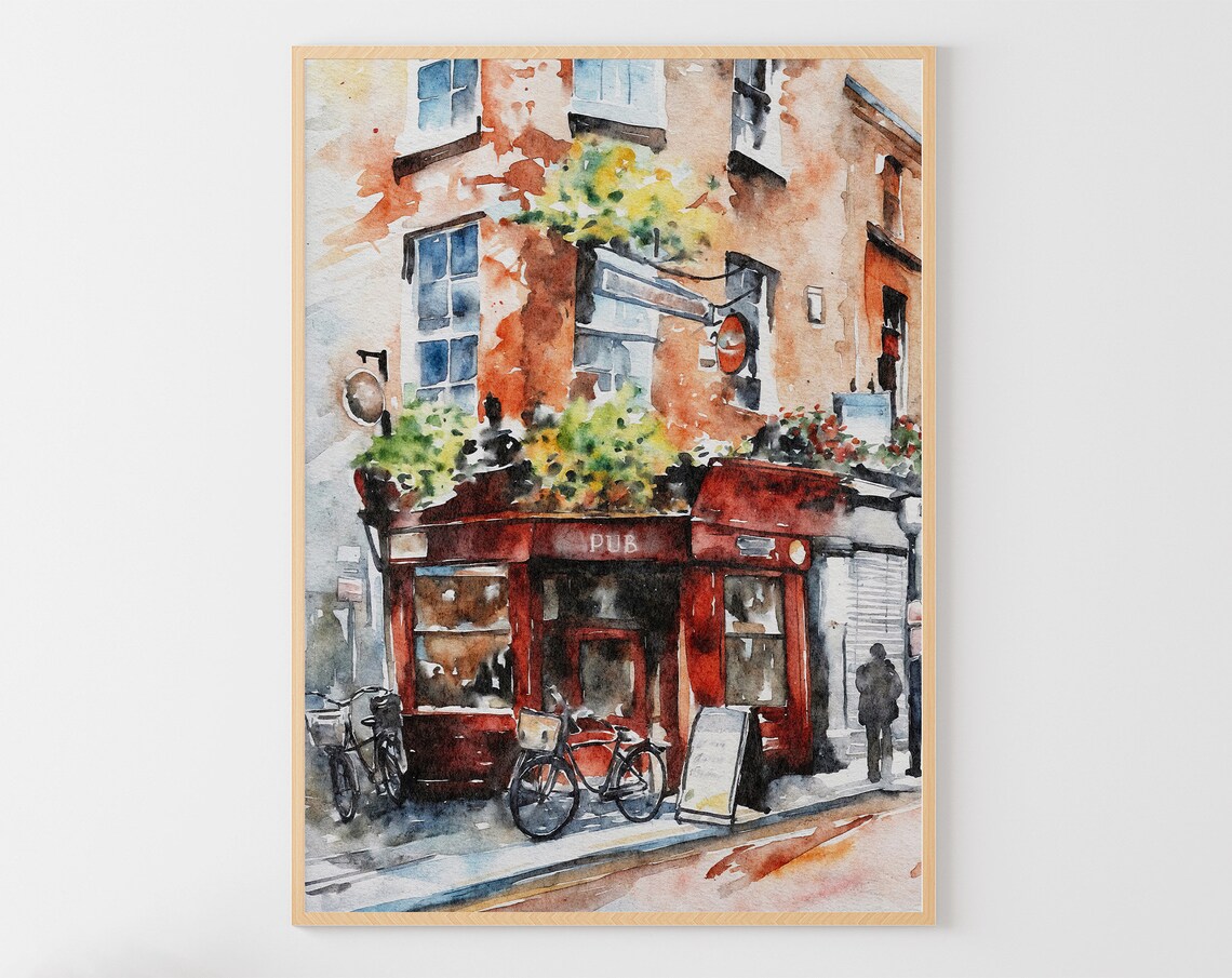 Dublin Irish Pub Watercolor Travel Poster, Cityscape