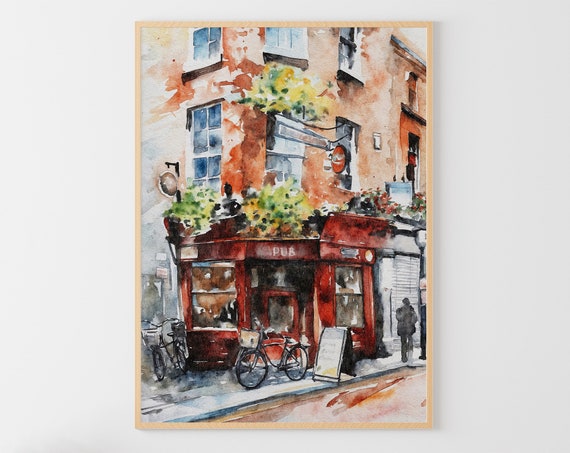 Dublin Irish Pub Watercolor Travel Poster, Cityscape